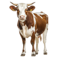 Brown and white cow with horns stands facing forward, displaying calm demeanor. cow has ear tags and glossy coat, indicating good health png