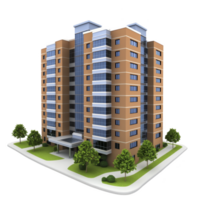Modern, multi story apartment building with sleek design, featuring large windows and landscaped entrance surrounded by trees, creating inviting atmosphere png