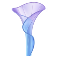 Digitally created abstract flower with twisting, translucent design shades of purple and blue, resembling futuristic calla lily. smooth curves and gradient colors give it ethereal and modern png