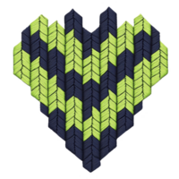 Heart shaped pattern composed of interlocking blue and green chevrons creates vibrant and dynamic design. geometric arrangement adds modern and artistic touch png