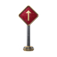 Red and gold vintage style sign with upward arrow stands on metallic pole, evoking sense of direction and guidance. sign ornate design adds touch of elegance png
