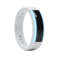 Sleek white smart wristband with black touchscreen display and blue LED light, designed for fitness tracking and health monitoring. minimalist design is modern and stylish png