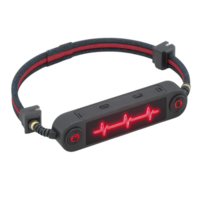 Black and red electronic device with glowing red heartbeat line on its display, featuring braided cable and connectors. design is sleek and modern, suggesting tech gadget png