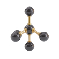 3D model of methane molecule with central carbon atom connected to four hydrogen atoms, represented by black and gold spheres and rods, illustrating molecular structure png