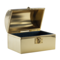Elegant, open gold jewelry box with reflective surface and intricate detailing, perfect for storing precious items. box exudes luxury and sophistication png