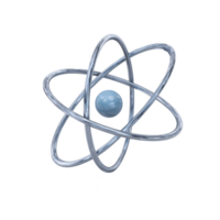 Abstract representation of atom features central blue sphere surrounded by three metallic rings, symbolizing electrons orbiting nucleus. design is sleek and modern png