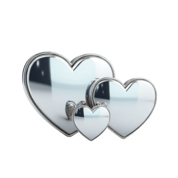 tre reflekterande silver- hjärta formad objekt är anordnad tillsammans, visa upp skinande metallisk yta. hjärtan variera i storlek, skapande harmonisk och elegant sammansättning png