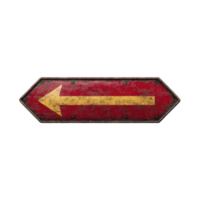 Weathered red metal arrow sign with yellow left pointing arrow, showing signs of rust and age, isolated on transparency background png
