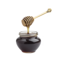 Jar of dark honey with wooden dipper dripping honey into it, creating sweet and inviting scene. honey rich color and smooth texture are highlighted against plain background png
