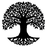 Silhouette of tree with intricate branches and roots, symbolizing growth and connection. design is symmetrical and artistic, often used in decorative or symbolic contexts png