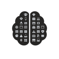 This features stylized brain icon divided into two halves, each containing various symbols representing different concepts such as education, technology, health, and data. design is monochromatic png