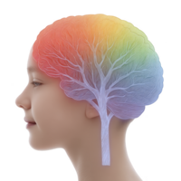 Profile of person with colorful brain illustration resembling tree, symbolizing creativity and growth. vibrant colors and intricate design evoke sense of imagination and innovation png