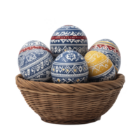 Wicker basket filled with intricately painted Easter eggs, featuring blue, red, and yellow geometric patterns, creating festive and artistic display png