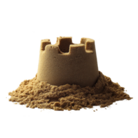 Small sandcastle sits on pile of sand, showcasing simple architecture with smooth surface and defined edges. structure evokes sense of nostalgia and creativity png
