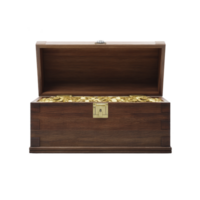 Open wooden treasure chest filled with gold coins, symbolizing wealth and adventure. chest is crafted from dark wood with brass lock, evoking sense of mystery and discovery png