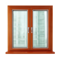 Wooden framed double glass window with clear view, featuring sleek handles and modern design, perfect for contemporary interiors png