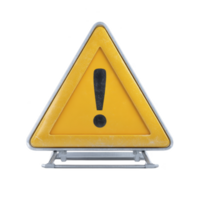 Yellow triangular warning sign with exclamation mark stands on metal frame, symbolizing caution or alert. sign weathered appearance suggests it has been used outdoors png