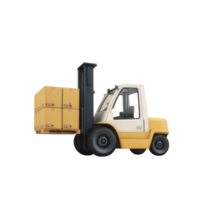 Yellow and white forklift is lifting several stacked cardboard boxes, showcasing industrial equipment used for material handling and logistics png