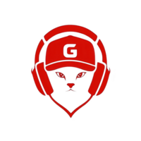 Stylized red cat wearing headphones and cap with letter G creates bold and modern design. minimalistic illustration emphasizes cat eyes and ears, giving it cool and edgy vibe png