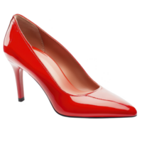 Sleek red high heel shoe with glossy finish, featuring pointed toe and stiletto heel, perfect for formal occasions or night out. vibrant color adds bold statement png