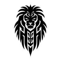 Stylized lion head logo with intricate tribal patterns, featuring mane that flows elegantly. design is symmetrical and bold, conveying strength and majesty png