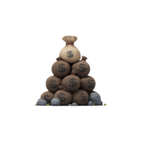 Pyramid of burlap sacks with dollar signs, symbolizing wealth and financial success, is stacked on grassy surface with scattered rocks. arrangement conveys prosperity and abundance png