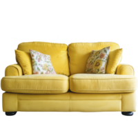 Vibrant yellow sofa with floral patterned cushions adds cheerful touch to any living space. plush design and bright color create cozy and inviting atmosphere png