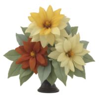 Vibrant bouquet of paper flowers in vase features yellow, orange, and cream blooms with green leaves, showcasing intricate craftsmanship and cheerful aesthetic png