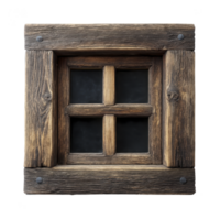 Rustic wooden window frame with grid design, featuring weathered wood and visible grain texture, evokes vintage charm. frame is square with simple, sturdy construction.rustic wooden window frame png