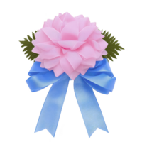 Decorative pink ribbon flower with green leaves and blue bow creates elegant and festive appearance. Perfect for gift wrapping or special occasions png
