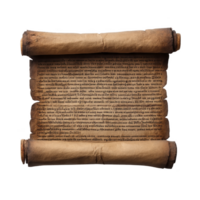 Aged parchment scroll with ancient text, showcasing historical writing. scroll is unrolled, revealing detailed script, evoking sense of mystery and antiquity png