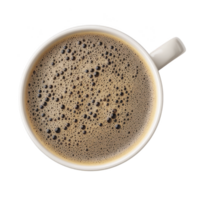 Steaming cup of black coffee in white ceramic mug viewed from above, showcasing rich crema and bubbles. simplicity and warmth evoke cozy, inviting atmosphere png