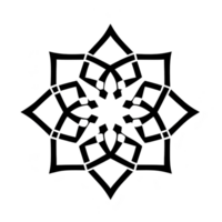 Symmetrical geometric pattern with intricate lines forms star like shape, showcasing blend of traditional and modern design elements. black lines create striking contrast against transparency png