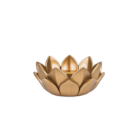 Decorative golden lotus shaped candle holder with shiny finish, perfect for adding elegance to home decor or special occasions. intricate petal design enhances its aesthetic appeal png