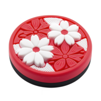 Round, red and white floral coaster with embossed flower patterns, featuring daisies and cherry blossoms, adds decorative touch to any table setting png