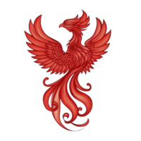 Vibrant red phoenix with detailed feathers and flowing tail symbolizes rebirth and strength. mythical bird is depicted with outstretched wings, exuding sense of power and grace png