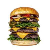 Towering double cheeseburger with layers of juicy beef patties, melted cheese, fresh lettuce, pickles, onions, and ketchup, all sandwiched between sesame seed bun png