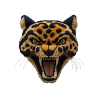 Fierce embroidered jaguar head with open mouth and sharp teeth, showcasing intricate details and vibrant colors on transparency background png
