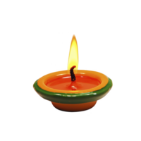 Small, colorful clay diya with bright flame, often used in traditional celebrations and festivals, creating warm and inviting atmosphere png