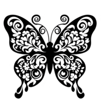 Intricate black butterfly silhouette with ornate, swirling patterns on its wings, creating elegant and artistic design. symmetrical details add touch of sophistication png