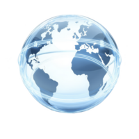 Digital illustration of glowing globe with transparent continents and light trails encircling it, symbolizing global connectivity and technology png