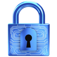 Blue digital padlock with circuit patterns symbolizes cybersecurity and data protection. lock metallic finish and intricate design convey security and technology png