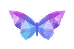 Vibrant geometric butterfly illustration features blend of purple, blue, and pink hues, creating modern and artistic design. polygonal shapes give it unique and abstract appearance png