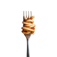 Fork with spaghetti wrapped around it, coated in rich tomato sauce, is isolated against transparency background, creating striking and appetizing visual png