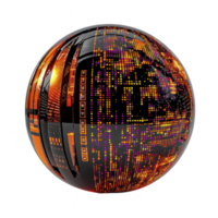 Digital sphere with vibrant orange and purple pixel patterns creates futuristic and abstract design. globe like shape suggests technology and innovation png