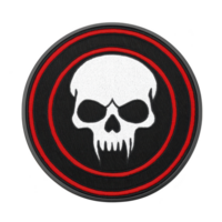 Circular patch features white skull design with menacing eyes on transparency background, surrounded by red and black concentric rings, creating bold and edgy appearance png
