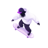 Person wearing white hoodie and purple cap is skateboarding, showcasing dynamic movement and urban style. skateboarder is depicted in modern, stylized illustration png