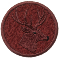 Round embroidered patch features detailed deer head with antlers on textured red background, symbolizing nature and wildlife appreciation png