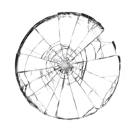 Shattered circular glass piece with intricate cracks and central focal point, creating dramatic and chaotic pattern. broken glass is isolated transparency background, emphasizing its fragmented png