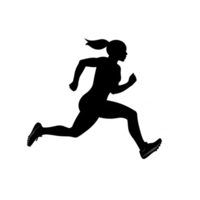 Silhouette of woman running, showcasing dynamic movement and athleticism. image captures essence of fitness and speed, with focus on runner form and energy png